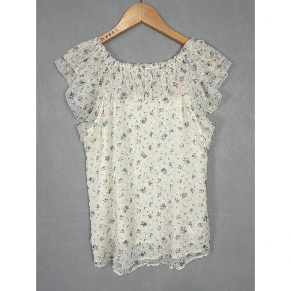 LOFT Floral Ruffle Blouse Womens Small White NWOT Clip Dot Sleeveless Top - Picture 5 of 9